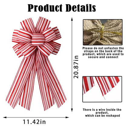 Red White Stripes Burlap Wreath Bow for Front Door Holiday Decorations - Fall Christmas Thanksgiving