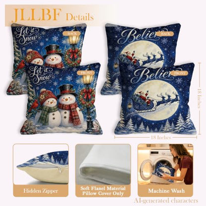Christmas Navy Blue Pillow Cover 18x18 Double-Sided Santa & Snowmen Variant