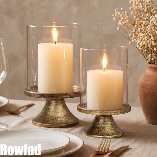 Gold Hurricane Candle Holders Set with Metal Base - Windproof Glass Lanterns for Indoor & Outdoor Decor