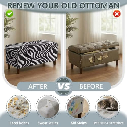 Zebra Stripe Print Rectangle Ottoman Cover - Medium Size, Stretch Slipcover for Storage Footstool, Bench, Furniture Protector