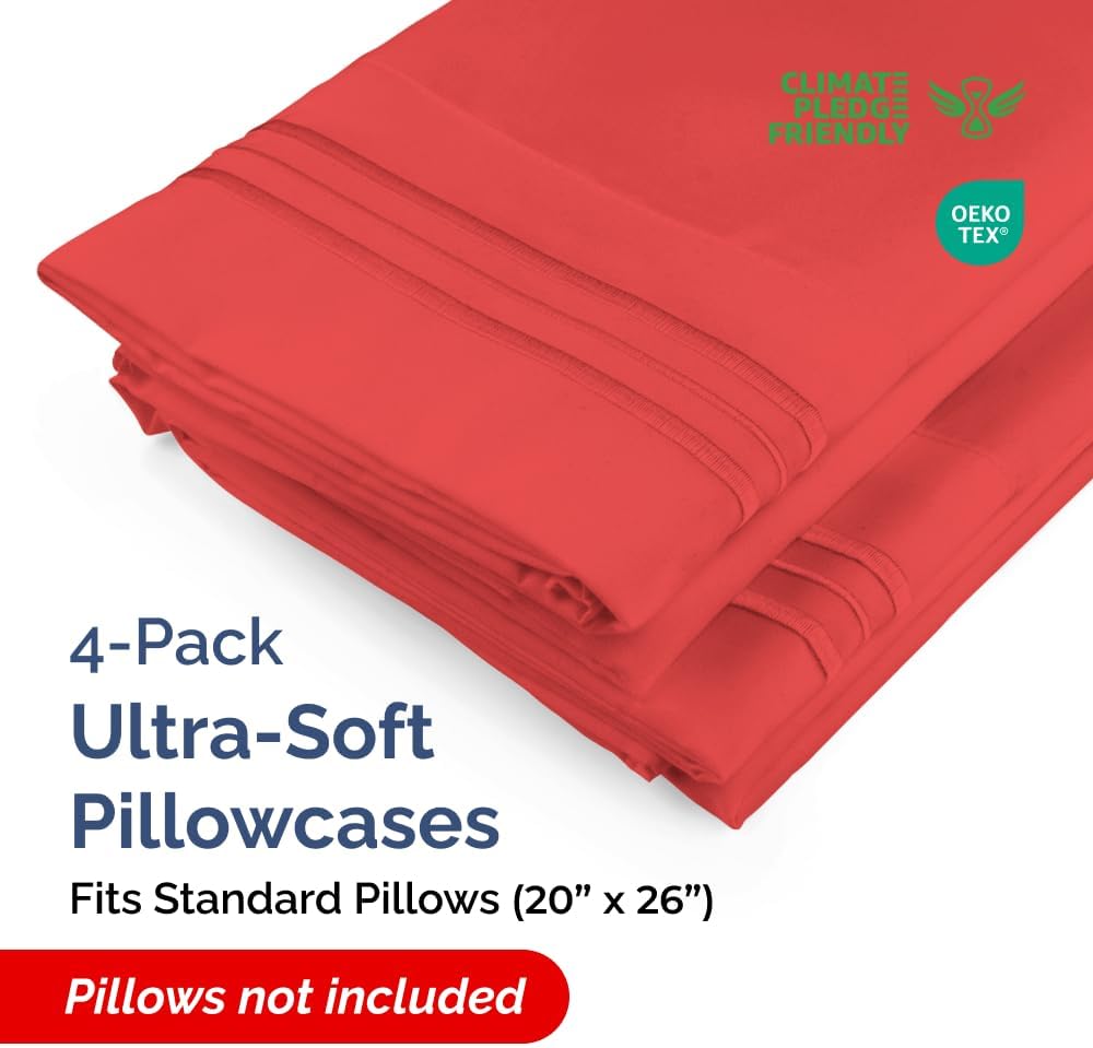 Skiennix Standard Pillow Cases Set of 4 | Ultra Soft Hotel Quality Covers - Machine Washable Red