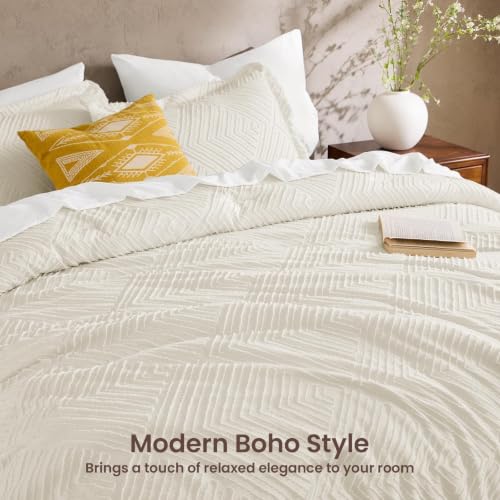 Queen Comforter Set 7-Piece Boho Tufted Bed in a Bag Beige & White
