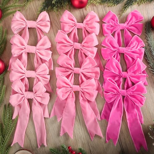 24 Pcs Pink Velvet Christmas Bows Tree Decorations Holiday Wreaths