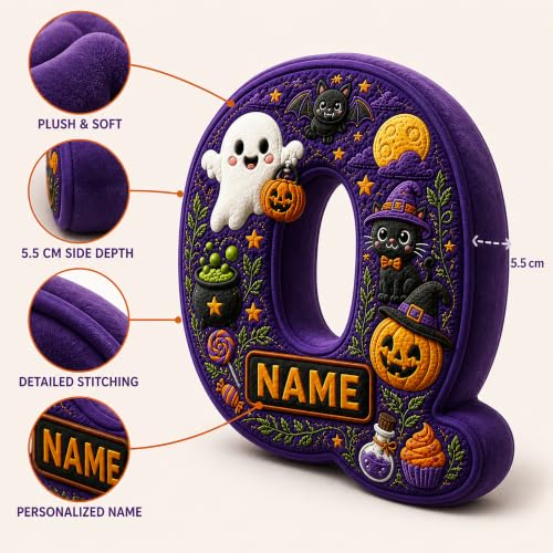 Personalized Halloween Letter Pillow with Custom Name & Initials - Soft Plush Decor