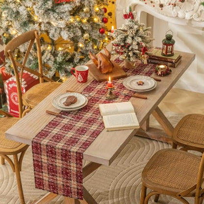 AQOTHES Red Snowflake Plaid Christmas Table Runner 13x108 Inches - Holiday Decor
