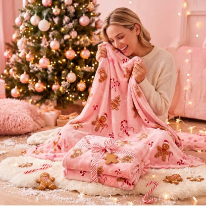Pink Gingerbread Man Throw Blanket - 50x60 Fuzzy Flannel Xmas Decor