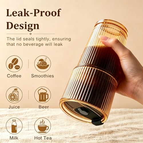 Amber Ribbed Glass Iced Coffee Cup 20oz with Leak-Proof Lid & Straw - Set