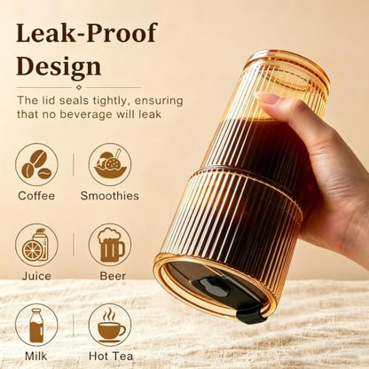 Amber Ribbed Glass Iced Coffee Cup 20oz with Leak-Proof Lid & Straw - Set
