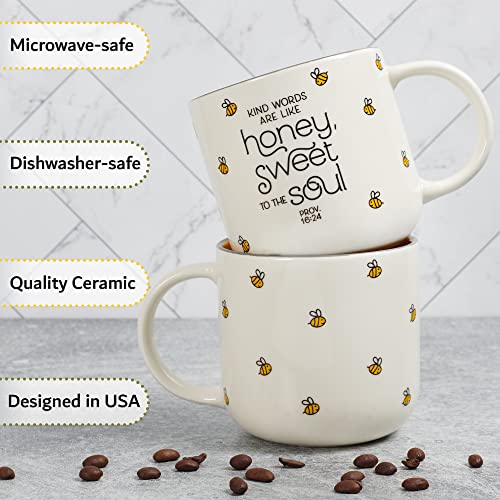 Large Ceramic Coffee Mug with Proverbs Bible Verse - Like Honey & Yellow Bee, 15 oz - Encouragement Gift for Women