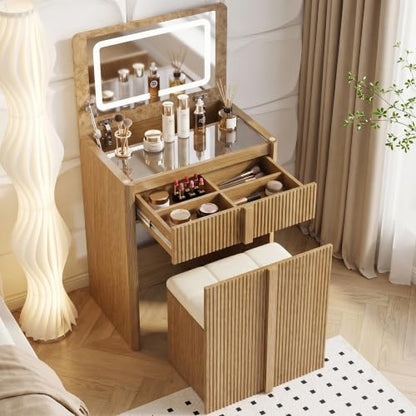 3-in-1 Vanity Desk with Mirror & Lights - Brown Oak (Variation: Brown Oak)