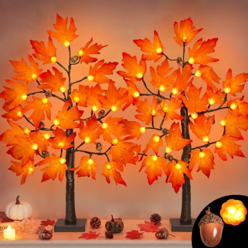 2 Pack 24-Inch Fall Maple Tree with Lights & Timer - Indoor Thanksgiving Decor Style 2