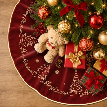 Christmas Tree Skirt Gold Embroidery 60 Inch Red Velvet Tree Decor - Variation of Tree Red / 60 Inch