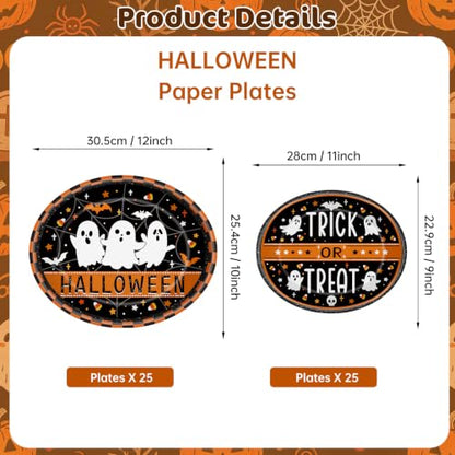 Halloween Ghost Paper Plates & Bowls Set - Disposable Tableware for Party, 50 Pieces