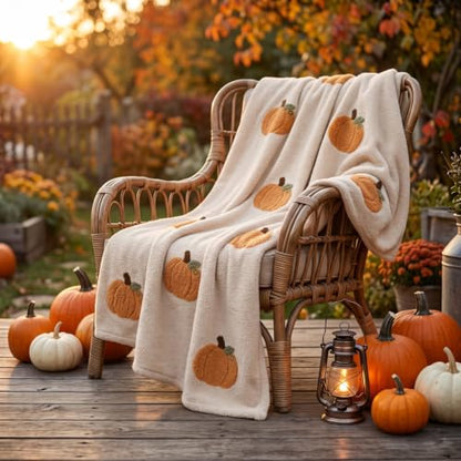 Cream White Tufted Pumpkin Flannel Throw Blanket - Fall Seasonal Decor