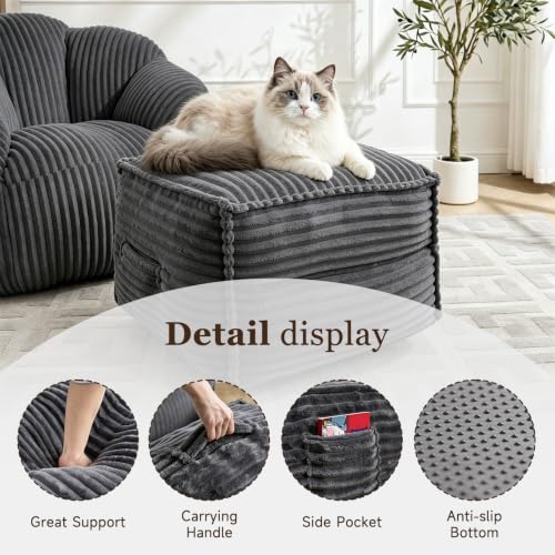 Dark Gray Square Stuffed Pouf Ottoman with Foam Filling - 23"D x 22"W x 16"H