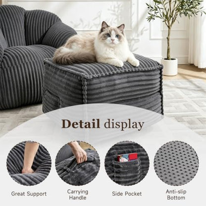 Dark Gray Square Stuffed Pouf Ottoman with Foam Filling - 23"D x 22"W x 16"H