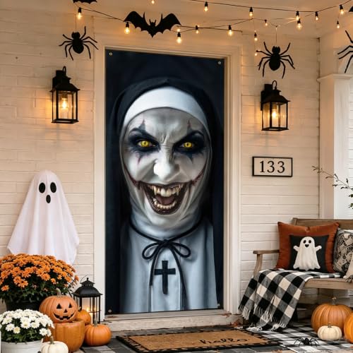White Black Scary Nun Halloween Door Cover 79x35 in Creepy Nun Face Tapestry - Variation of THIS listing