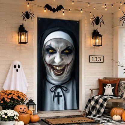 White Black Scary Nun Halloween Door Cover 79x35 in Creepy Nun Face Tapestry - Variation of THIS listing