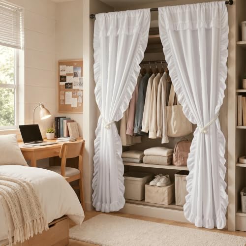 White Ruffled Closet Curtains Set with Tiebacks - 42 x 80 Inches