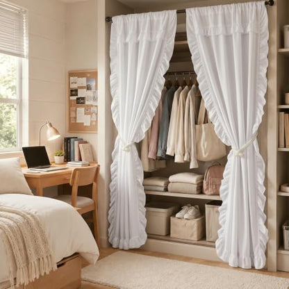 White Ruffled Closet Curtains Set with Tiebacks - 42 x 80 Inches