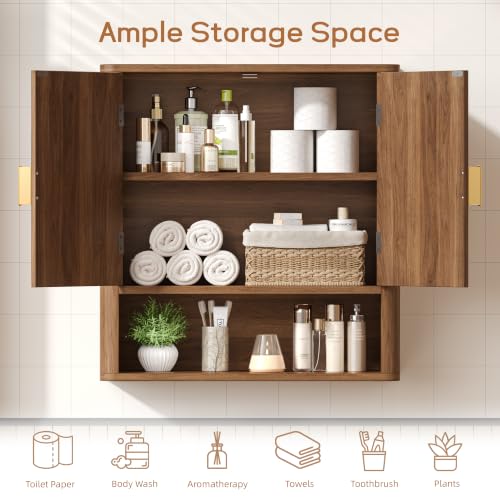 Wall Mount Bathroom Cabinet with Adjustable Shelves - Walnut Finish