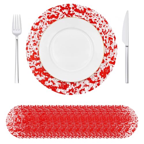 Red Disposable Placemats 13 Inch Glitter Metallic Mesh Round Table Mats for Dining & Events