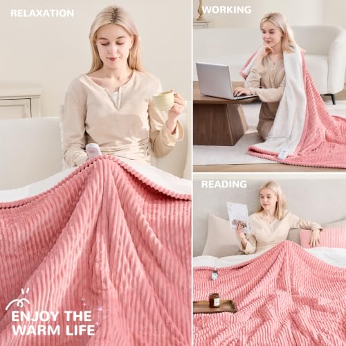 Pink Ribbed Electric Heated Throw Blanket - Soft Flannel with 5 Heat Levels, Gift for Women - Variation 01