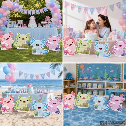 Large Axolotl Cardboard Cutouts for Birthday Party Decorations, Set of 4