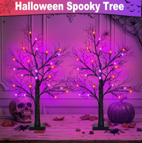 Halloween Lighted Black Tree Set A - 2 Pack 24 Inch Spooky Indoor Decorations with Orange & Purple Lights