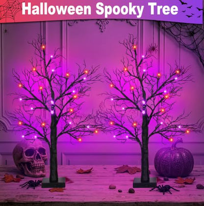 Halloween Lighted Black Tree Set A - 2 Pack 24 Inch Spooky Indoor Decorations with Orange & Purple Lights