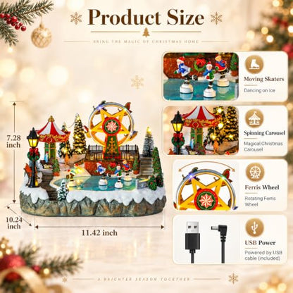 MUMTOP Christmas Village Amusement Park with Ferris Wheel & Carousel - Music & Lights