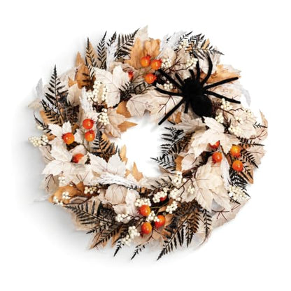 Halloween Front Door Wreath with Spider and Maple Leaves - 22 Inch