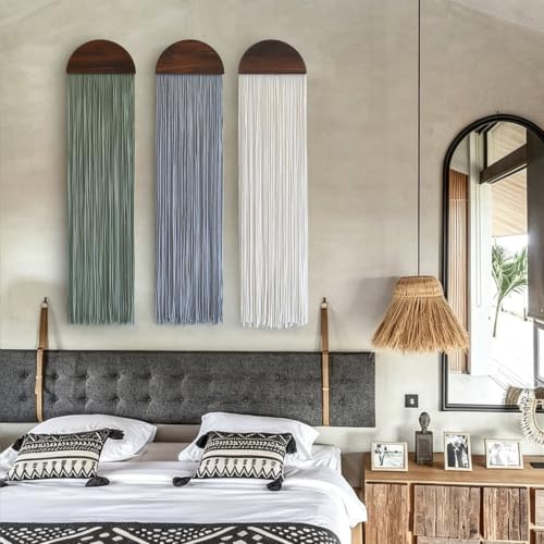 Macrame Wall Hanging Set - Wood Arch Tassel Decor 10x40 Inches, Ivory, Sage Green, Gray