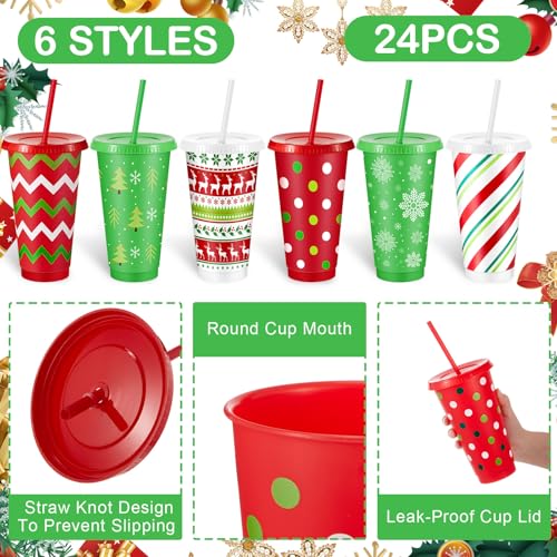 Christmas Plastic Cups with Lids and Straws, 24 oz, Red & Green, 24 Pack - Classic Variation