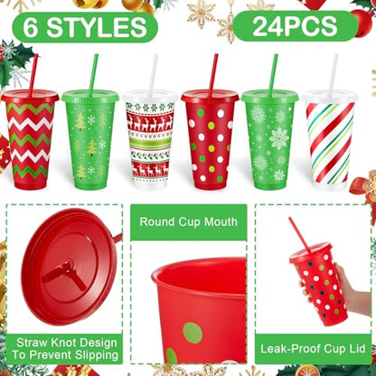 Christmas Plastic Cups with Lids and Straws, 24 oz, Red & Green, 24 Pack - Classic Variation
