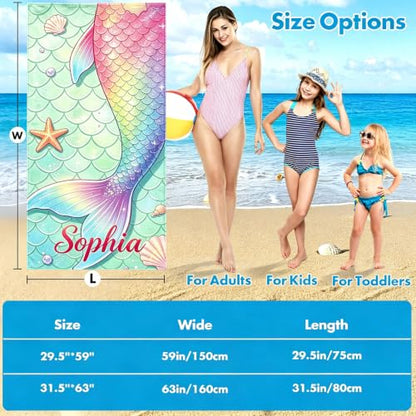 Personalized Mermaid Beach Towel for Kids & Adults - Custom Name & Photo Microfiber Quick Dry Sand-Free Pool & Travel Towel - Mermaid Variation