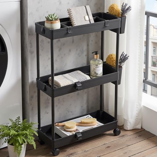 VECELO 3-Tier Slim Rolling Storage Cart with Dividers & Hooks - Black