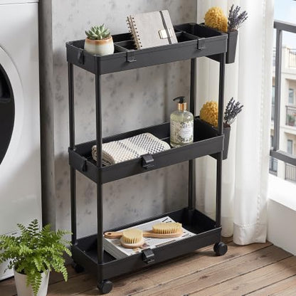 VECELO 3-Tier Slim Rolling Storage Cart with Dividers & Hooks - Black