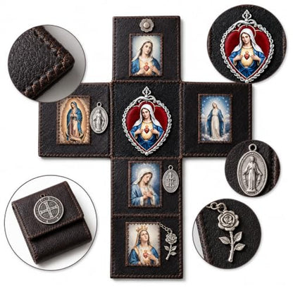 Brown Hand Sewn Leather Catholic Pocket Shrine Portable Mini Prayer Altar with Sacred Art & Medals