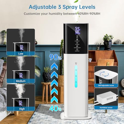 White Large Room Humidifier 8L with Night Light & Timer - Quiet Cool Mist