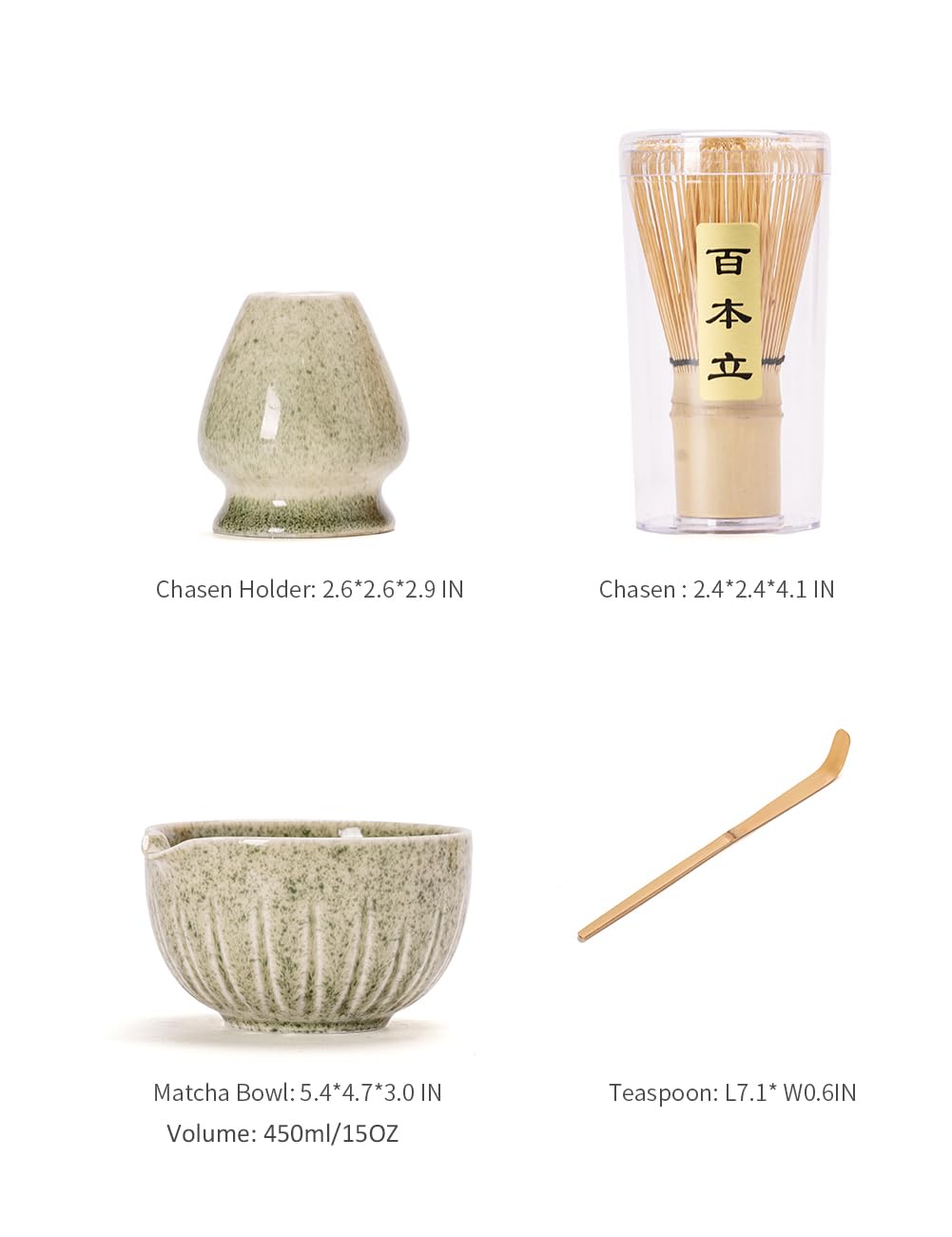 TANG PIN Matcha Set - Match Bowl with Spout and Whisk, 15 OZ, Matcha Scoop | Matcha Whisk Stand (Chasen Holder) - 4pc Perfect Matcha Kit for Matcha Tea Ceremony (Mottled Green)
