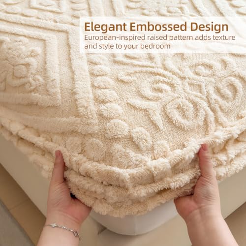 European Damask Embossed Plush Fitted Bed Sheet Full Off White 54x76 Inch
