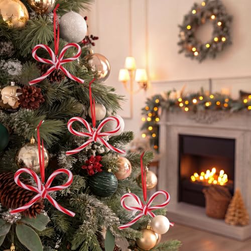 Candy Bow Ornaments for Christmas Tree Decorations - 24 Pieces, Candy Cane Style
