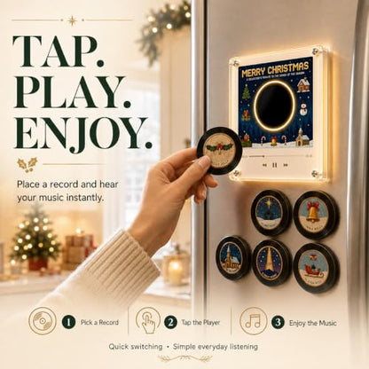 Christmas Fridge Magnet Music Player Set with 9 Vinyl Discs & USB-C - 1 Set