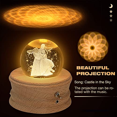 3D Crystal Ball Music Box with Projection Light and Rotating Wooden Base - Mom and Daughter