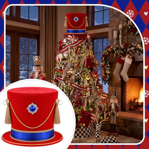Christmas Nutcracker Tree Topper with Red & Blue Velvet Hat - Regal Holiday Decor