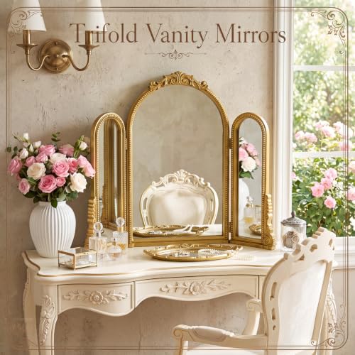 Wonderjune Vintage Gold Arched 3-Way Trifold Vanity Mirror - Baroque Style