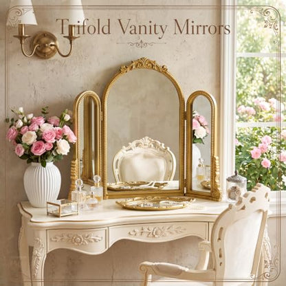 Wonderjune Vintage Gold Arched 3-Way Trifold Vanity Mirror - Baroque Style