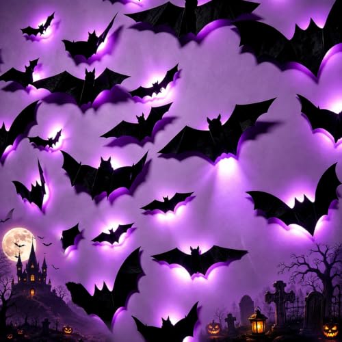 38 Pcs Halloween 3D Bat Wall Decor Set with LED Lights for Indoor Outdoor