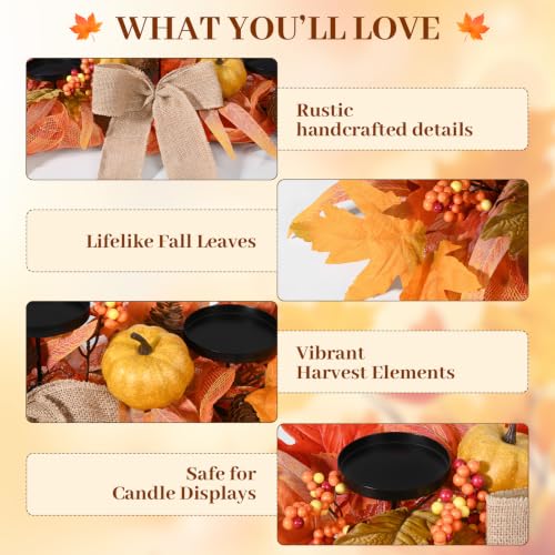 Yellow 26-Inch Fall Candle Holder Centerpiece with Pumpkins and Burlap Bow